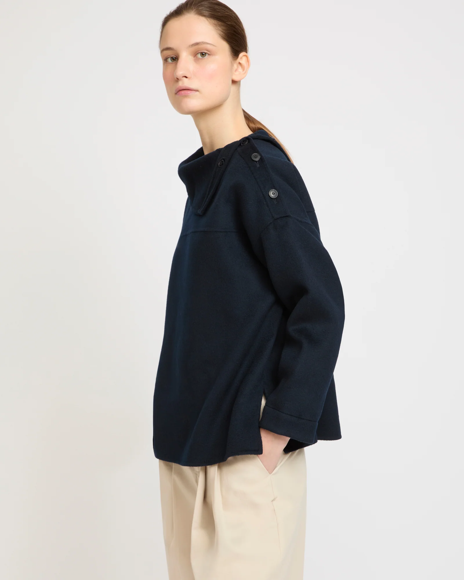 Blouse à col cheminée en lainage cachemire double face