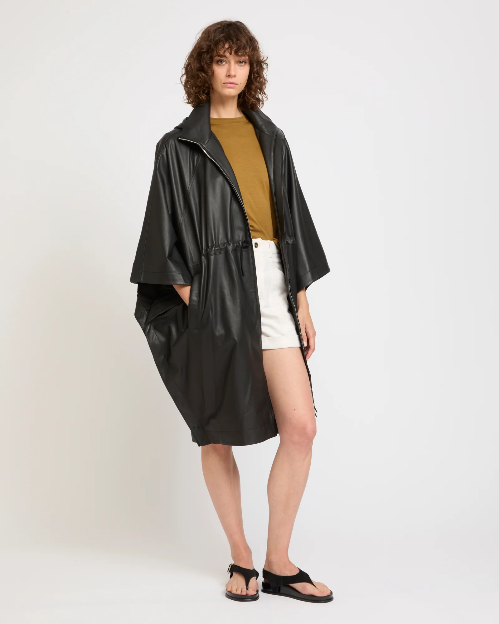 Cape parka à capuche en cuir d'agneau imperméable - Image 2