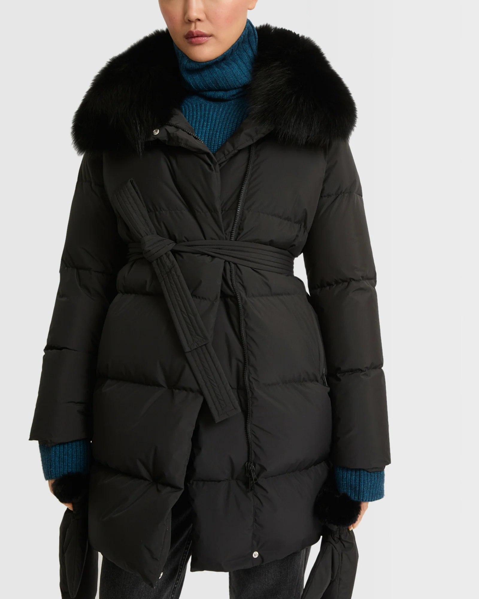 Doudoune ceinturée en tissu technique imperméable avec fourrure de renard et lapin - Image 3