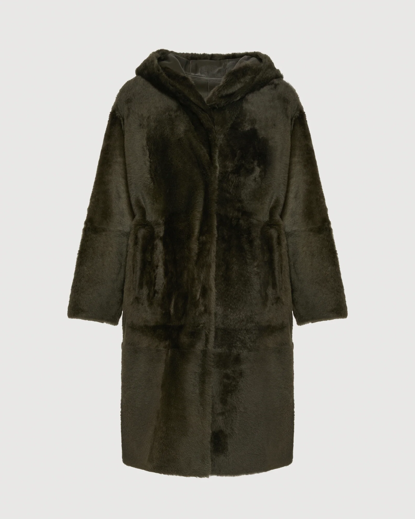 Manteau long réversible à capuche en peau lainée d'agneau