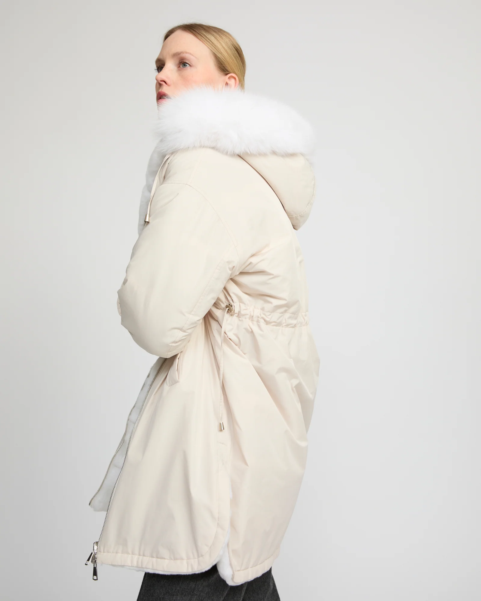 Parka longue réversible en tissu technique déperlant avec fourrure de renard et de lapin rex