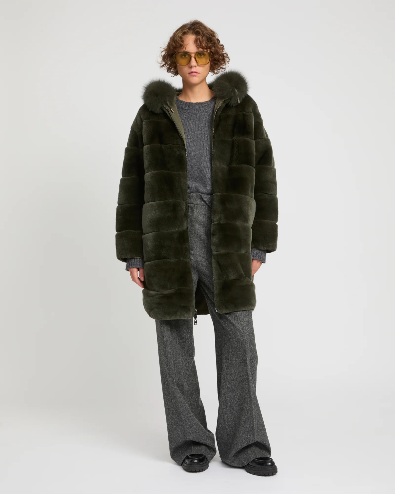Parka longue réversible en tissu technique déperlant avec fourrure de renard et de lapin rex
