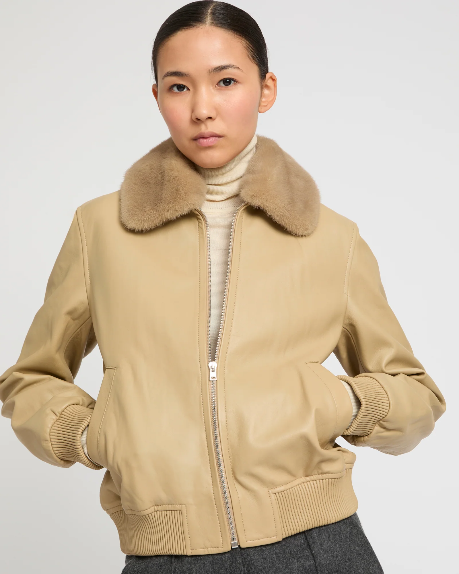 Veste bomber en cuir d'agneau avec col amovible en fourrure de vison - Image 3