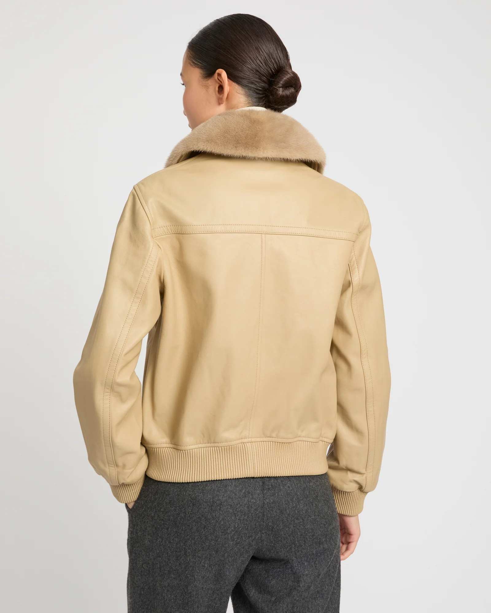Veste bomber en cuir d'agneau avec col amovible en fourrure de vison - Image 5