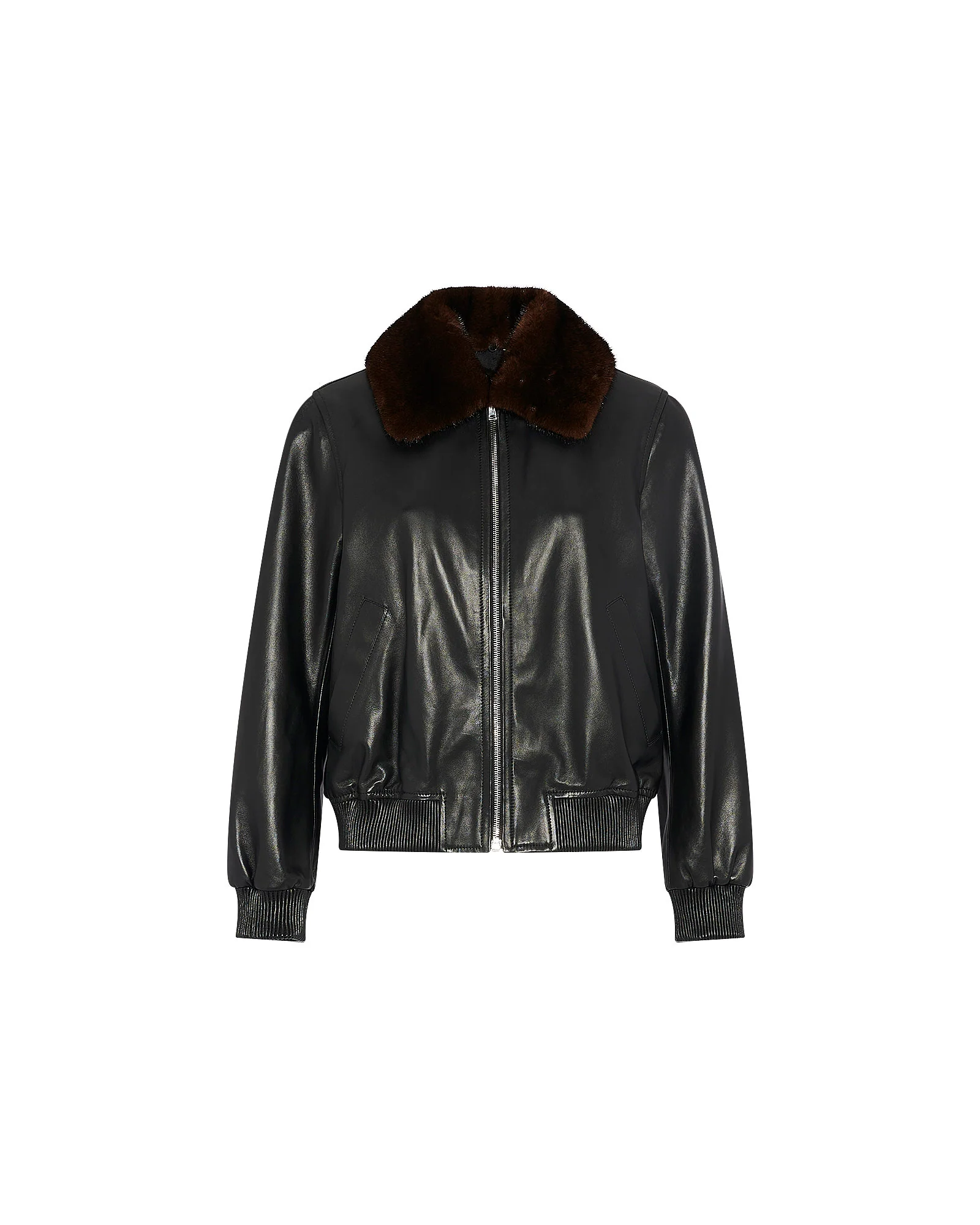 Veste bomber en cuir d'agneau avec col amovible en fourrure de vison - Image 5